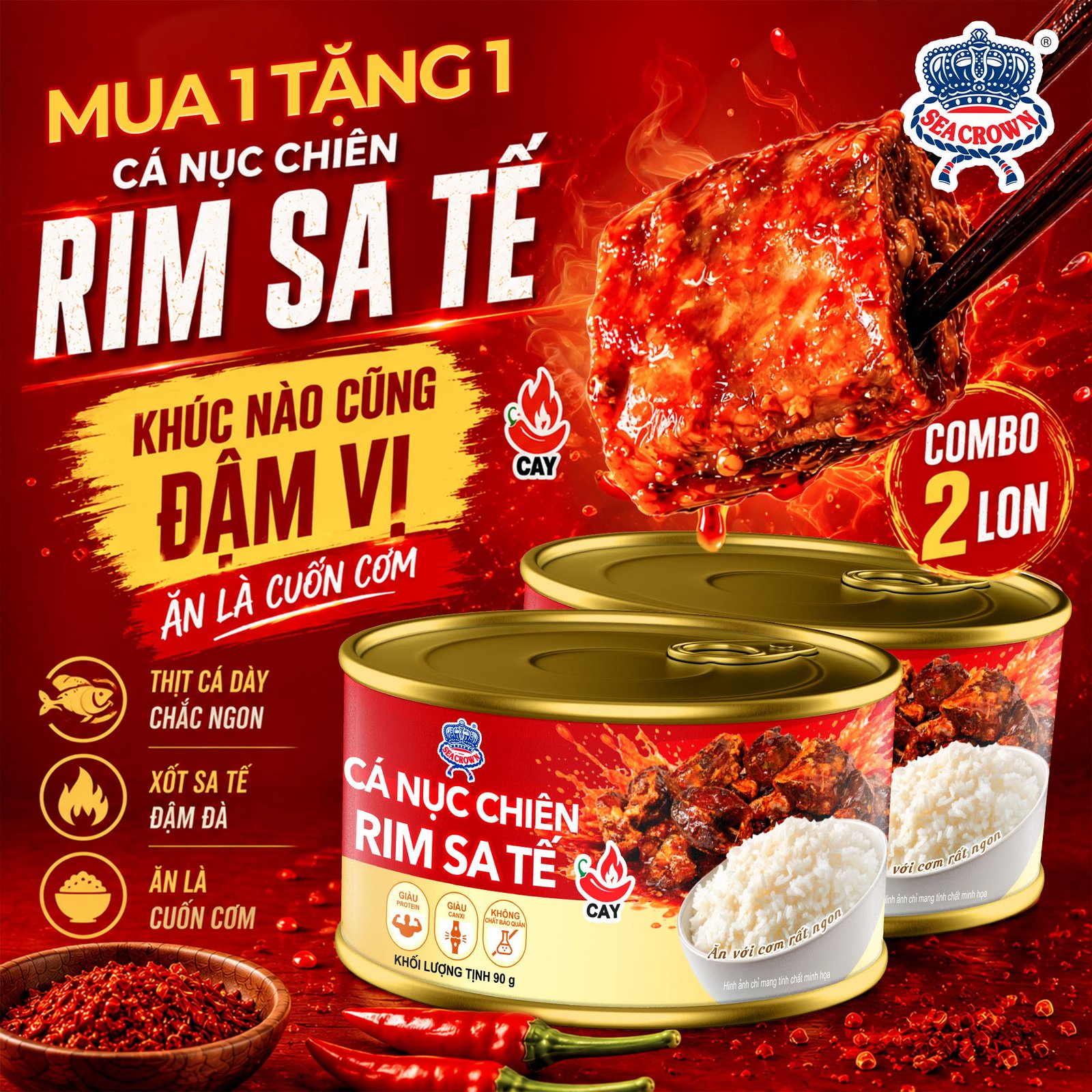 MUA 1 TẶNG 1 - Cá Nục Sea Crown Chiên Rim Sa Tế 90g (Combo 2 lon)