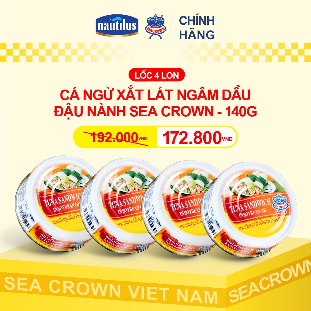 Combo 4 lon Cá Ngừ Sea Crown xắt lát ngâm dầu đậu nành (NK Thái Lan)