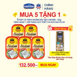 Combo 5 lon cá Trích Sea Crown ngâm dầu 125g - Tặng 1 Hộp Tuna Spread